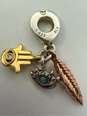 Pandora Hamsa Eye Feather Dangle Charm 768785C01 Mixed Metal